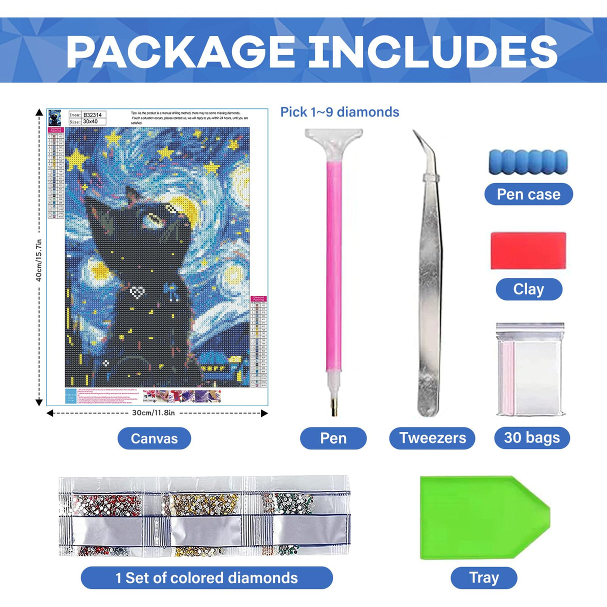 Yunnuo DIY 5D Diamond Painting Kits, Black Cat Diamond Art Kits for Adults, Full Drill Diamond Dots Gem Paintings Canvas for Beginners, Perfect for Festival Home Wall Decor 12x16inch (Starry Night) Yunnuo