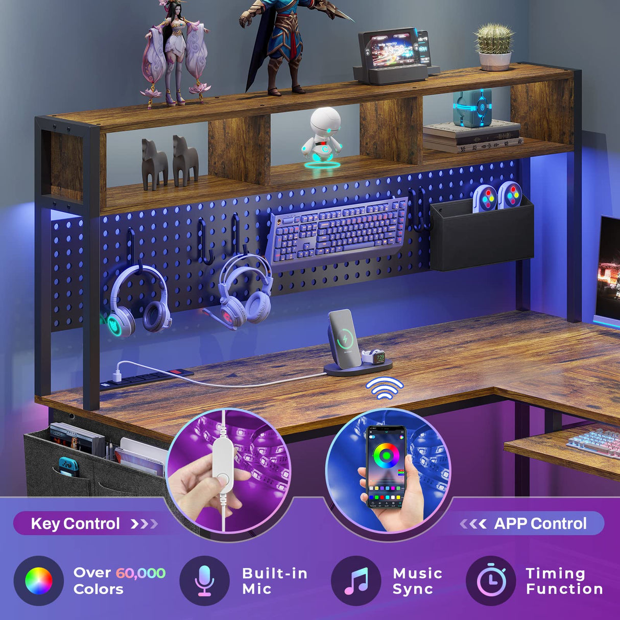 SEDETA L Shaped Computer Desk, Reversible Corner Desk with Power Outlet and Pegboard, Computer Desk with Led Lights, Keyboard Tray, Headphone Hook and Storage Shelves, Rustic Brown SEDETA