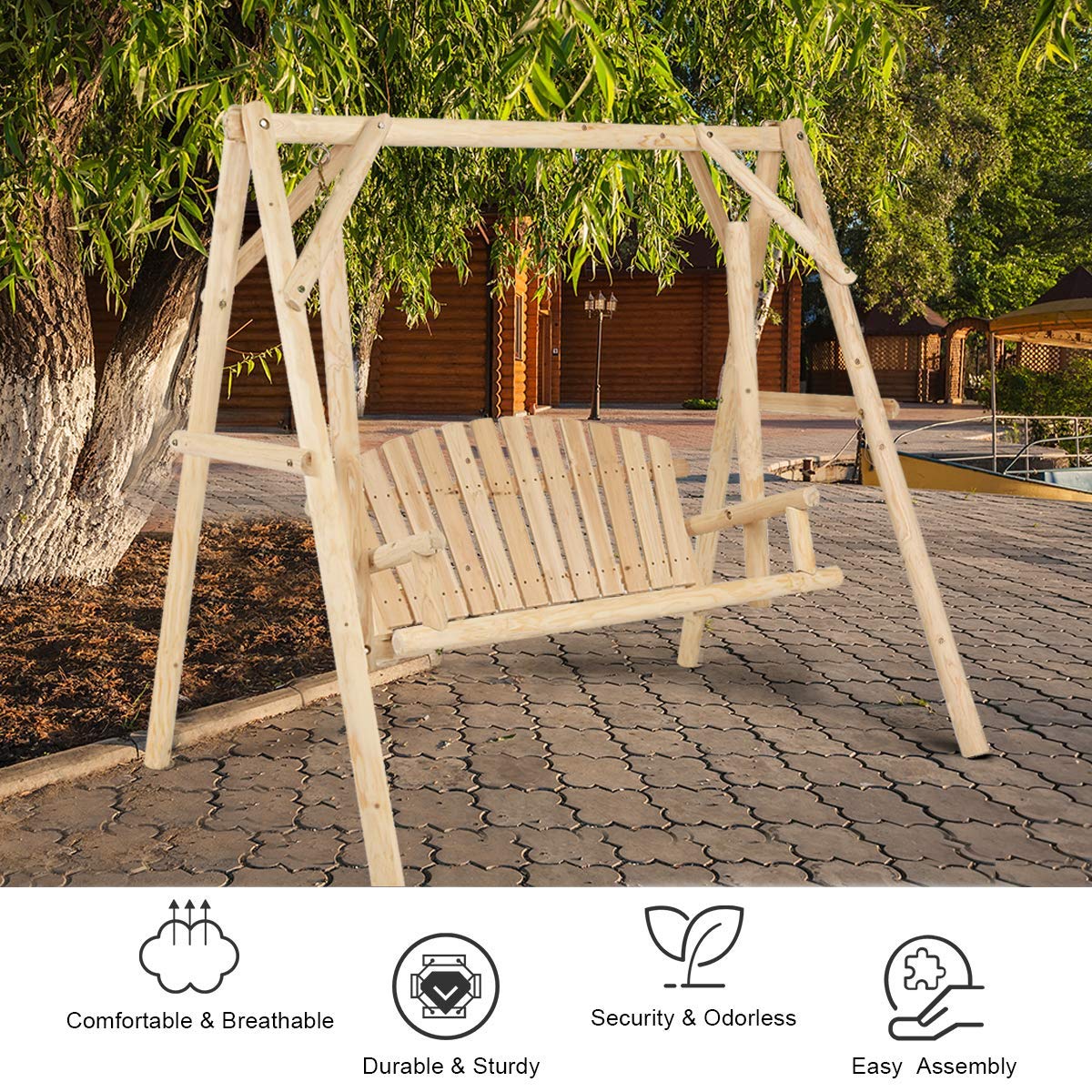 Tangkula Wooden Porch Swing, A-Frame Wood Log Swing Bench Chair, Outdoor Rustic Curved Back Swing Chair for Patio Garden Yard Tangkula