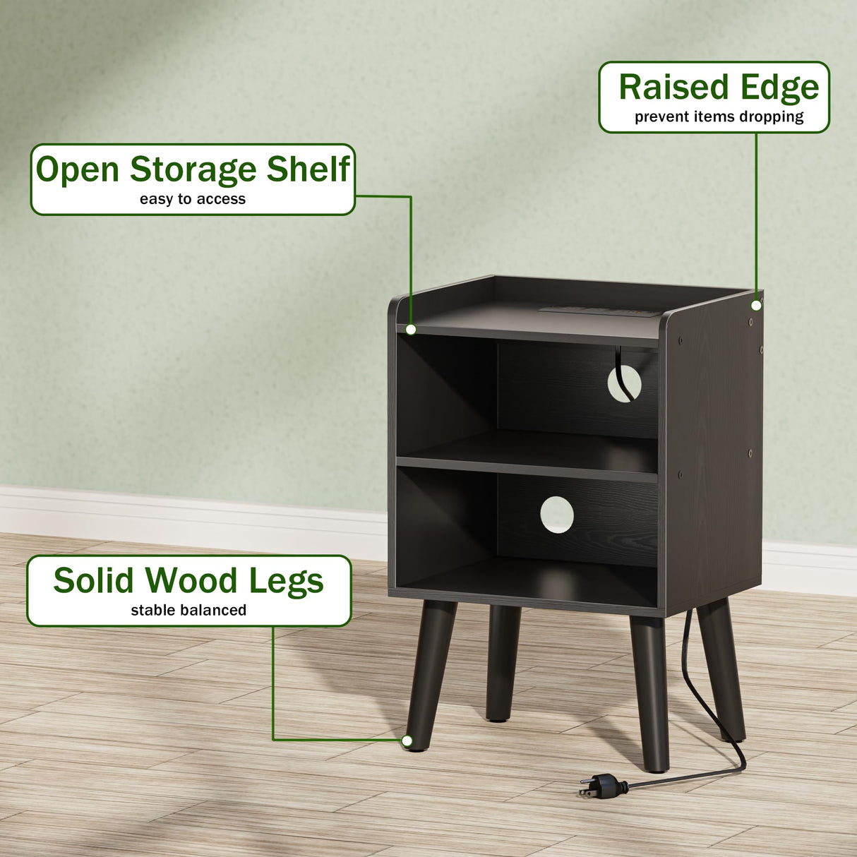 LAKEMID Night Stand with Charger Station, Bedside Table with LED Lights, Side Table with Fast USB-C Port, Nightstand with Solid Wood Feet, Small End Table for Bedroom, Living Room, Black LAKEMID