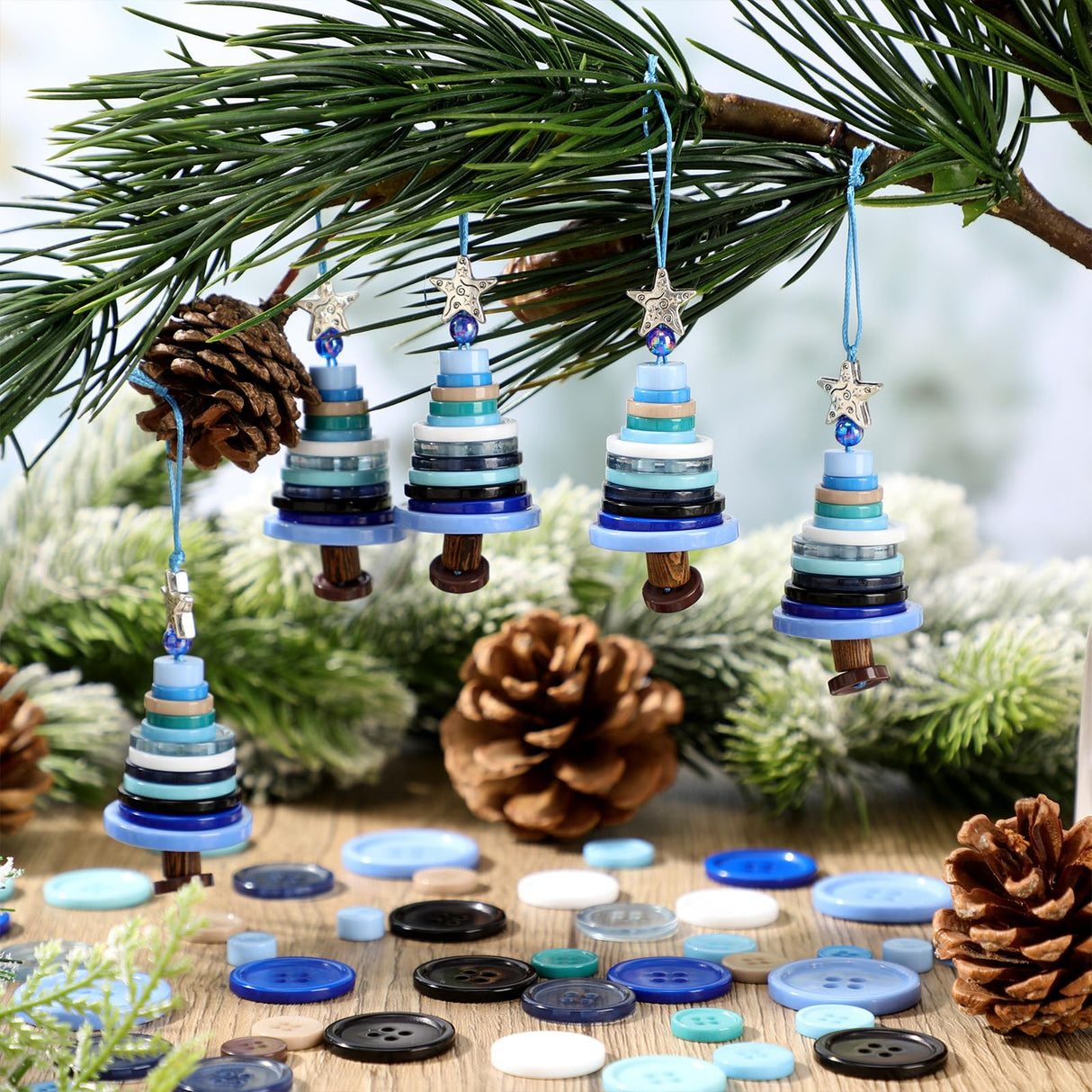 Soulchen 12 Sets Button Christmas Tree Craft Kits Make Your Own Button Christmas Tree Decorations DIY Xmas Hanging Ornament for Holiday Stocking Filler Gift Decor(Blue) Soulchen
