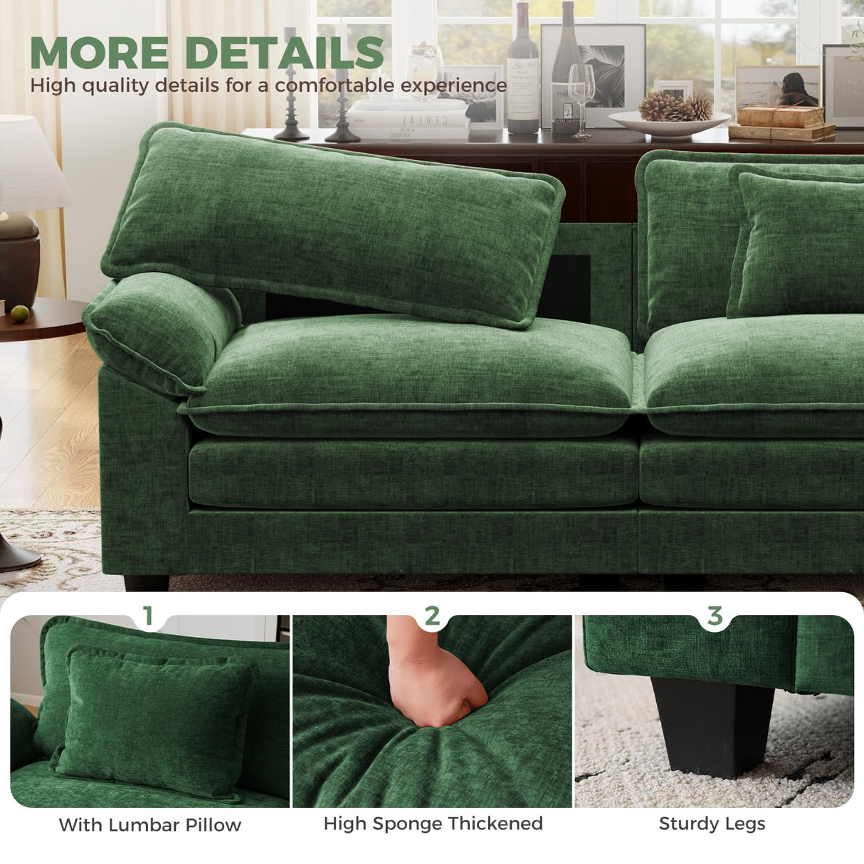 CDCASA 154" Oversized Modular Sectional Sofa, Comfy U-Shaped Cloud Couch w/ 3 Movable Ottoman, 7-Seater Chenille Deep Seat Modern Sofa Couch for Living Room, DIY Combination, Green CDCASA