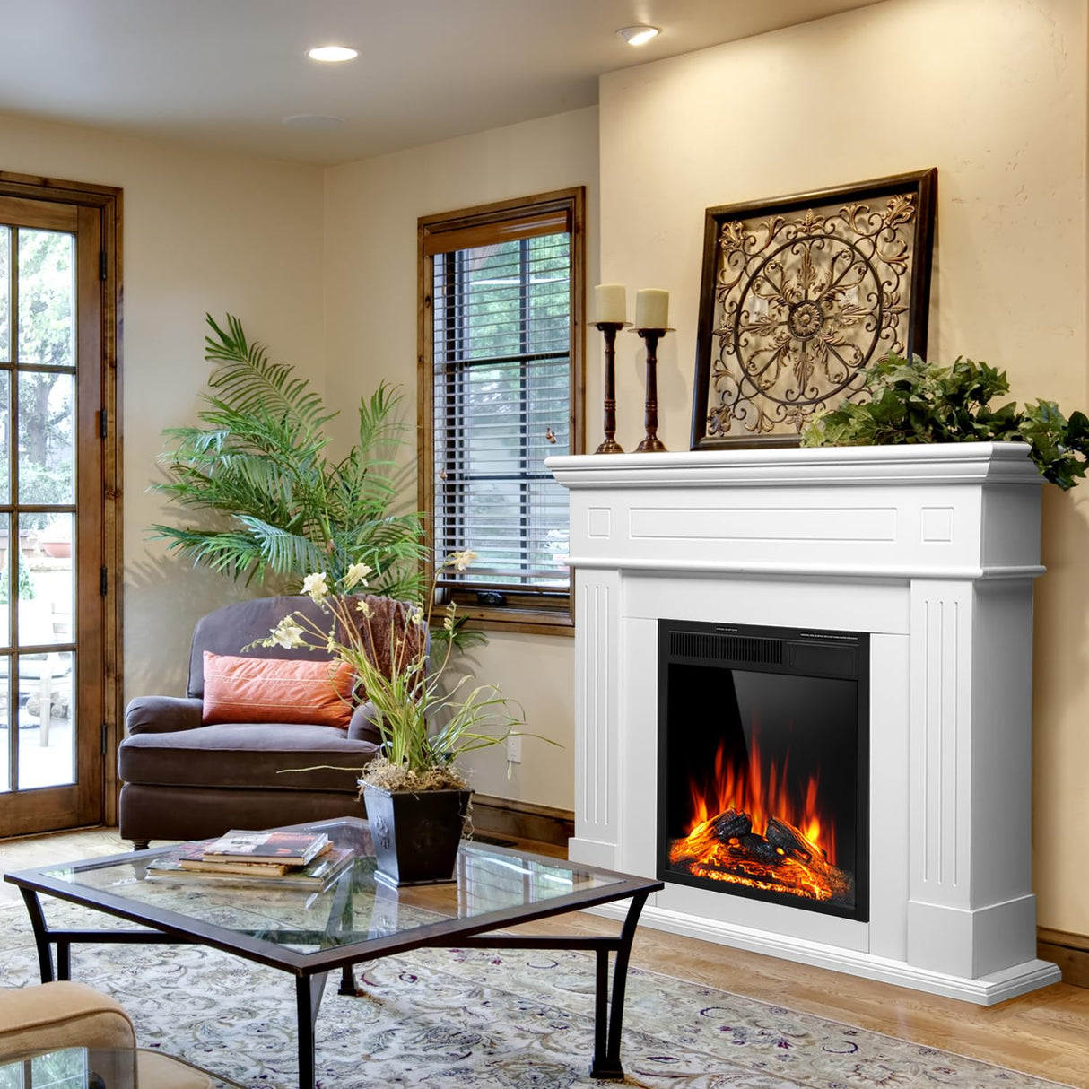 43” Electric Fireplace Mantel Freestanding Electric Fireplace, Remote Control, Adjustable Led Flame, 750W/1500w PEARLWHITE Electactic