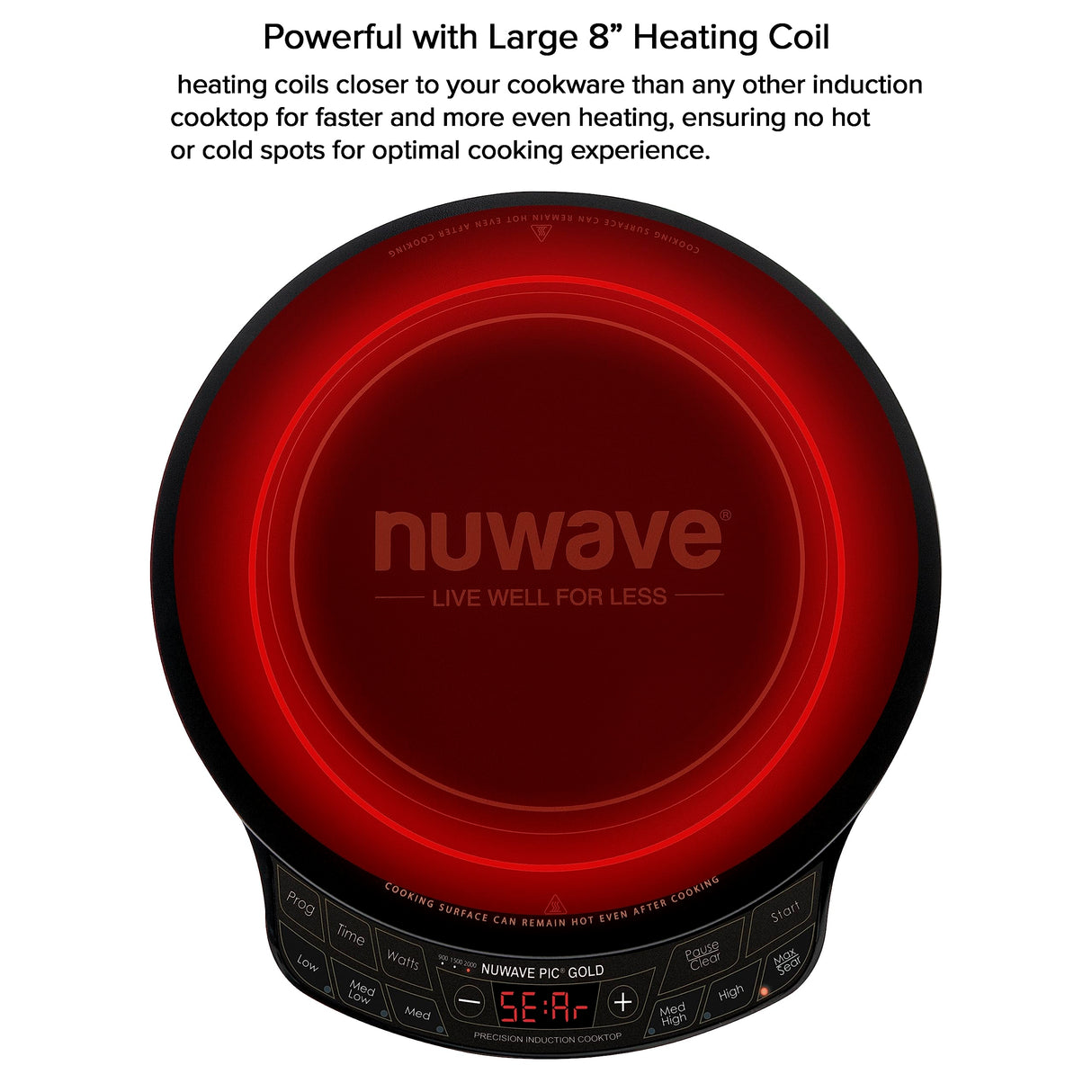 Nuwave Precision Induction Cooktop Gold, 12” Shatter-Proof Ceramic Glass Surface, Large 8” Heating Coil, Portable, 51Temp Settings 100°F to 575°F, 3 Wattage Settings 600, 900, and 1500 Watts Nuwave
