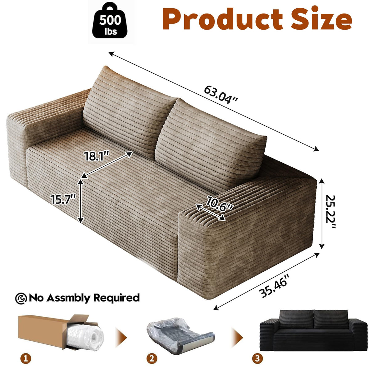 63" Cloud Loveseat Sofa - Boneless Deep Seat 2-Seater, No Assembly Foam Floor Couch, Plush Corduroy Fabric, Modern Living Room Sofa for Small Space Apartment, Bedroom, Office (Camel, 63") Klwenas Maec