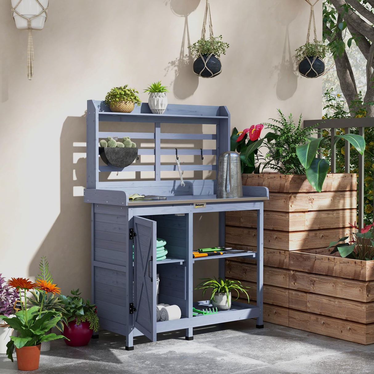 Outsunny Outdoor Wooden Potting Bench Table, Garden Workstation with Storage Cabinet, Storage Shelves for Backyard, Patio, Balcony, Gray Outsunny