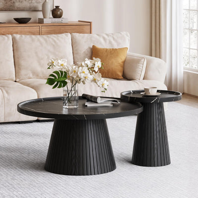 win2win Nesting Coffee Table Set of 2, Mid Century Modern Coffee Table with Marble Veneer, Fluted Round Tea Table and End Table Set, Minimalist Center Tables for Living Room, Office, Black