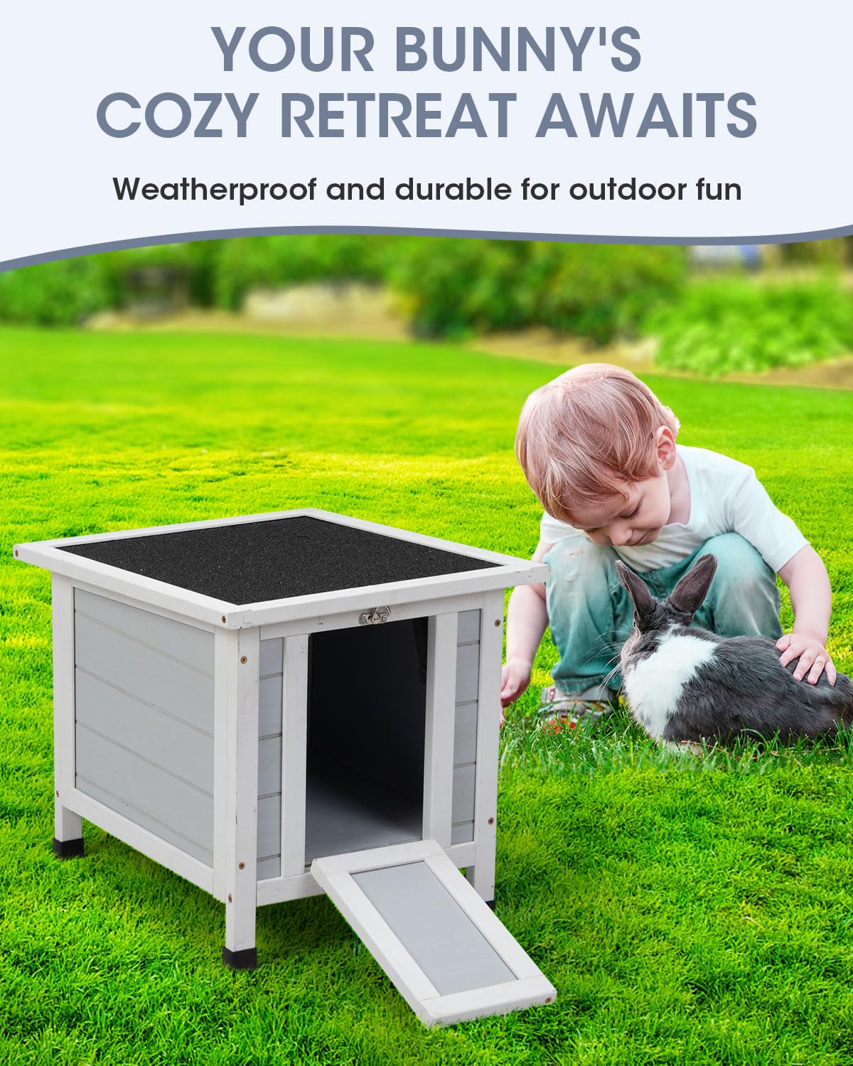 SANDINRAYLI Outdoor Cat House, Outside Rabbit Hutch Weatherproof, Small Bunny Hutch for 2 Rabbits, Wooden Cat Shelter for Duck, Chicken, Insulated Cat Houses and Hideouts for Feral Cat, Grey Sandinrayli