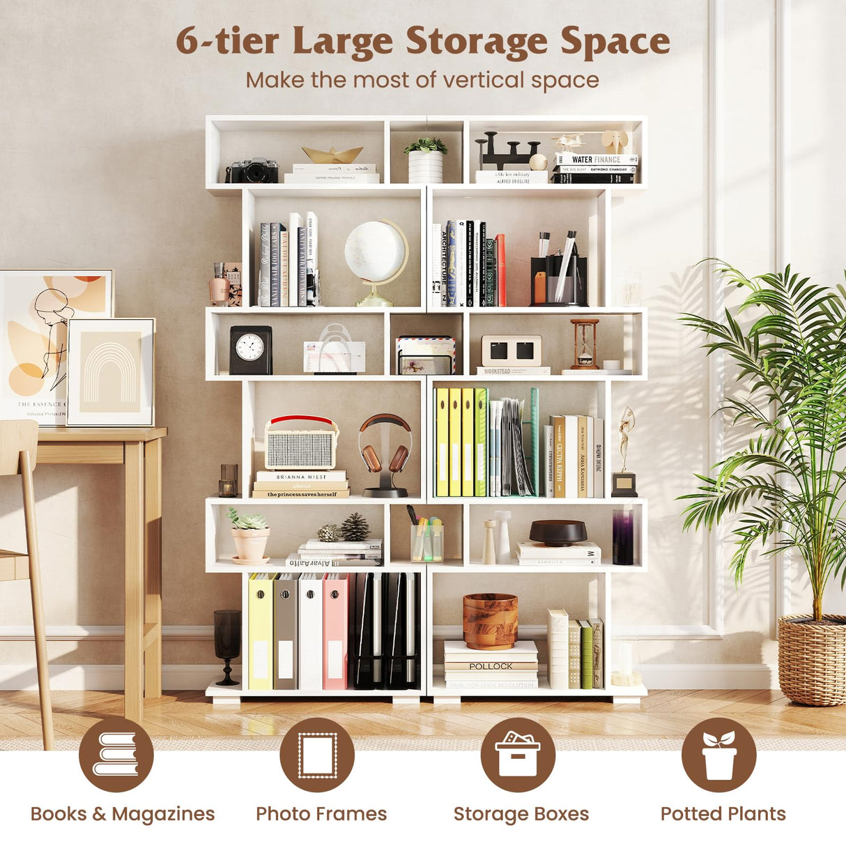 Tangkula 6-Tier S-Shaped Bookshelf, 64" Freestanding Geometric Bookcase, Home Office Wood Storage Shelf with Anti-Toppling Device, Room Divider Display Rack for Study, Living Room (1, White) Tangkula
