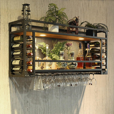 RAJYQODIS Hanging Metal Wine Rack with LED Light, 2 Tier Rustic Industrial Wine Glass Holder, Multifunctional Bar Liquor Bottle Display Storage, Wall Mounted/Hanging Installation (47.24in/120cm)
