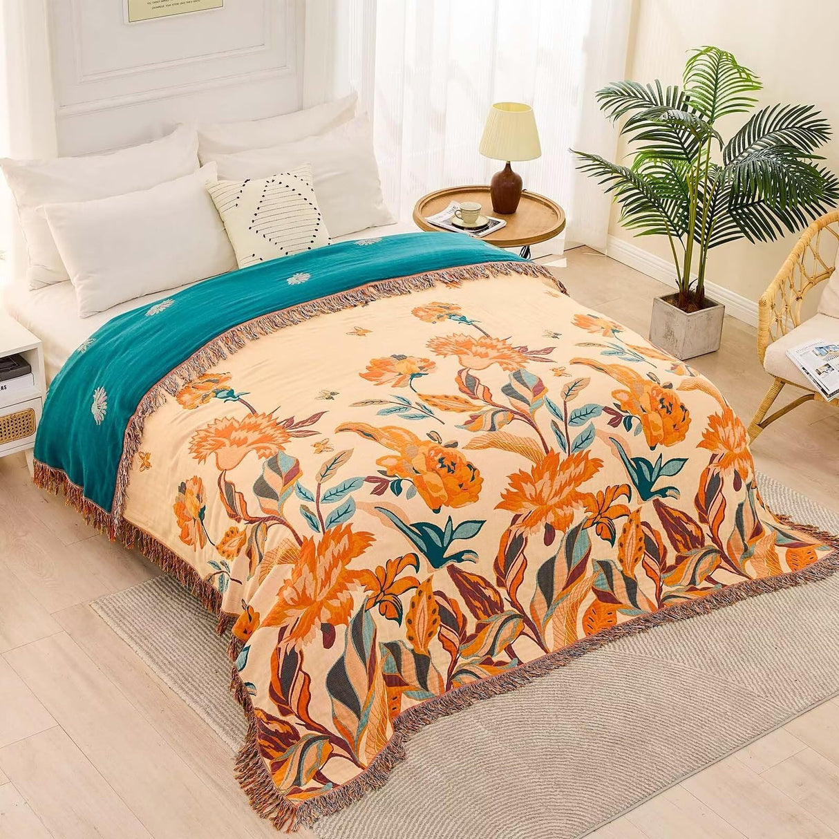 XIBLC Boho Throw Blanket for Bed, 100% Cotton Soft Rustic Quilt Fall Blanket, 60"x80" Floral Printed Farmhouse Decor Bed Blankets, All Season Rustic Reversible Bohemian Throw Quilt XIBLC