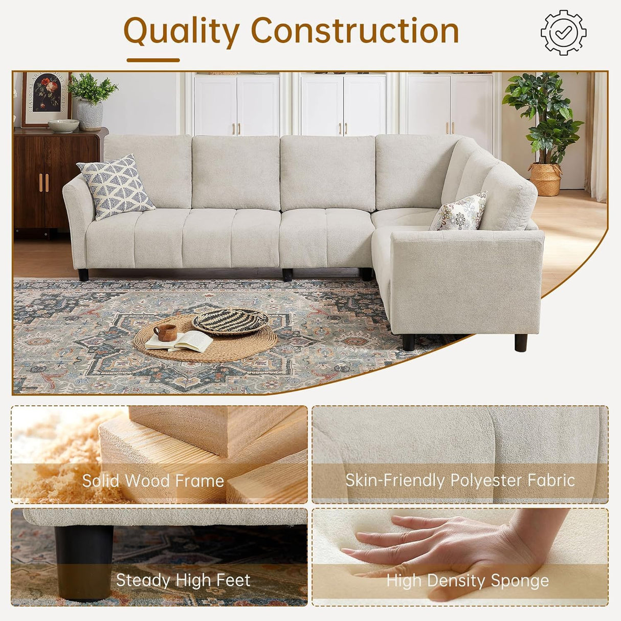 Jarenie Convertible Sectional Sofa Couch, 102" L Shaped Couch with Back Cushions, Modern Upholstered Fabric 6-Seat Reversible Sofa Set for Living Room, Apartment, Office, Beige Jarenie