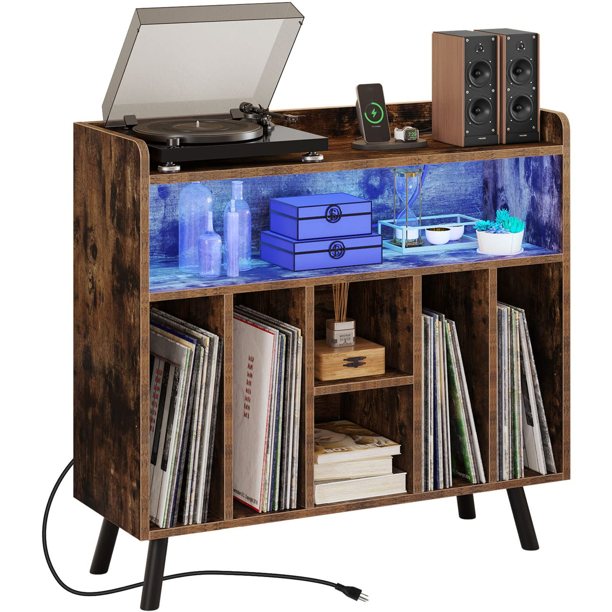 YITAHOME Record Player Stand with Power Outlets and LED Lights Holds Up to 130 Albums, Record Player Table with Storage, Vinyl Record Storage with Solid Legs for Living Room, Bedroom, Brown YITAHOME