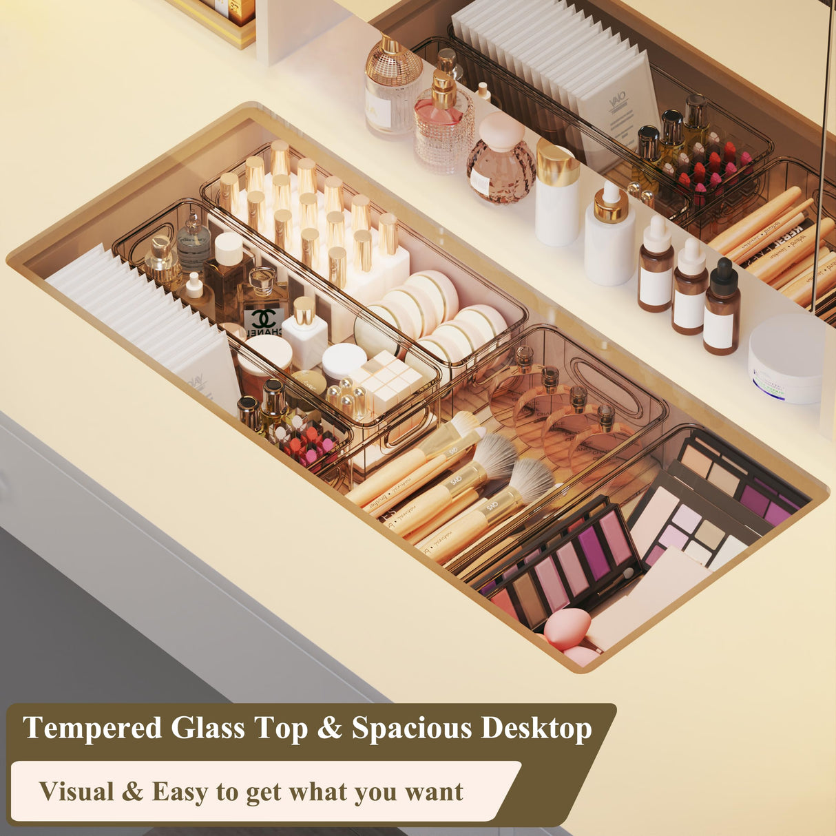 HUAHUU Vanity Desk with Mirror and Lights, 45.3'' Large Makeup Vanity with Glass Top & Power Outlet, White Vanity Table with 3 Drawers & 2 Cabinets & Hidden Storage Shelves, 3 LED Lighting Modes HUAHUU