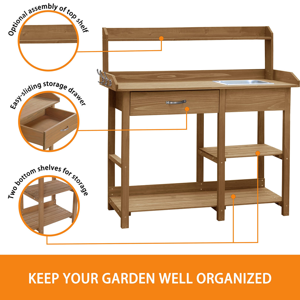 MUPATER Potting Bench Garden Table for Outdoors with Removable Stainless Sink, Planting Work Bench with Storage Shelves and Drawer, Natural Wood MUPATER