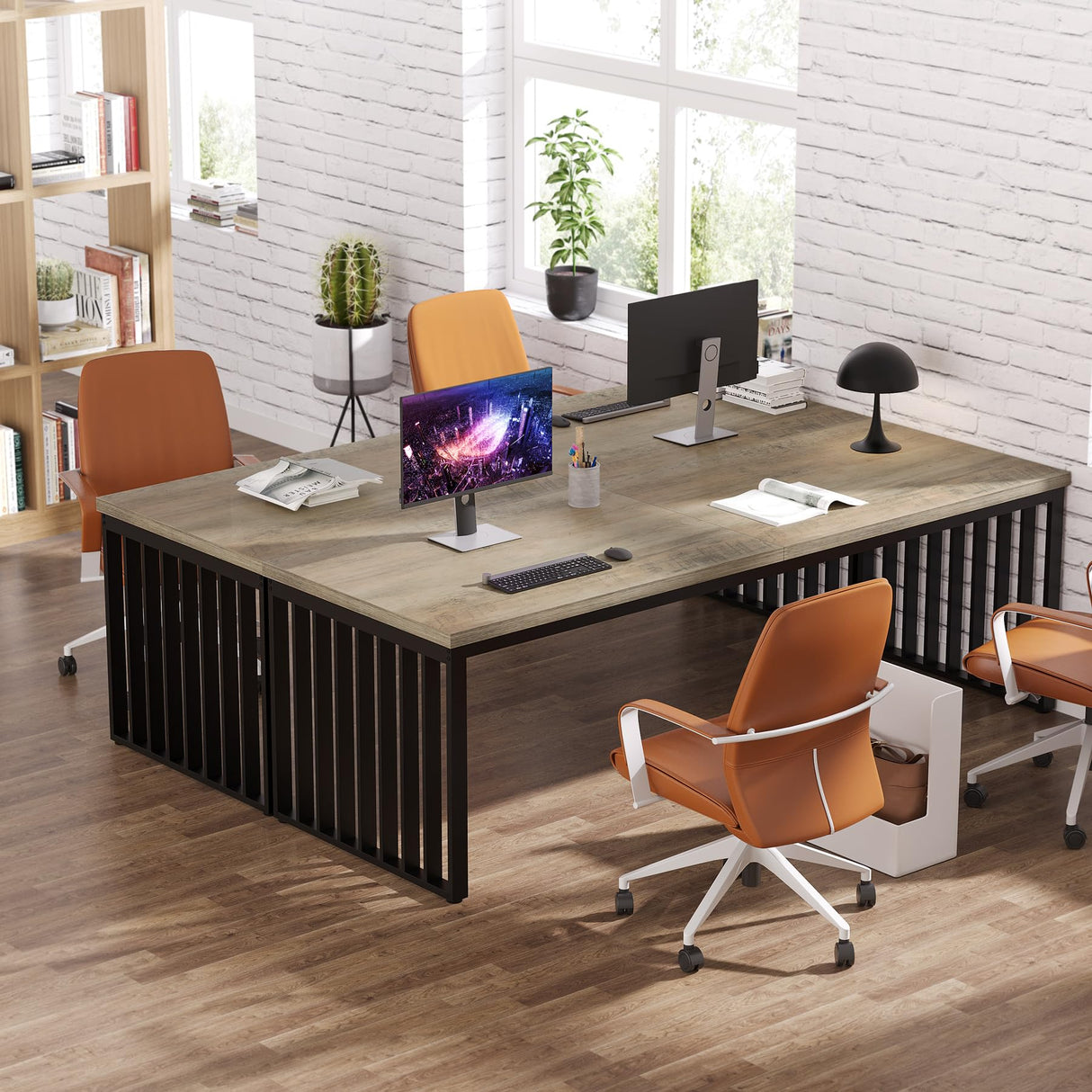 Tribesigns 78.74" Extra Long Computer Desk 2 Person Desk, Double Long Desk with Heavy Duty Metal Frame, Double Workstation Study Desk for Home Office, Brown (Without Chair) (Gray & Black) Tribesigns