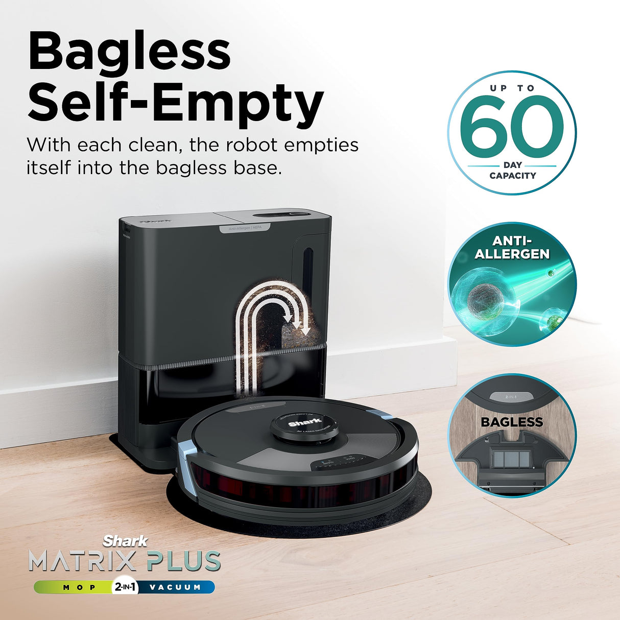 Shark Matrix Plus 2in1 Robot Vacuum & Mop with Sonic Mopping, Matrix Clean, Home Mapping, HEPA Bagless Self Empty Base, CleanEdge, for Pet Hair, WiFi, Black/Mocha, AV2630WA Shark