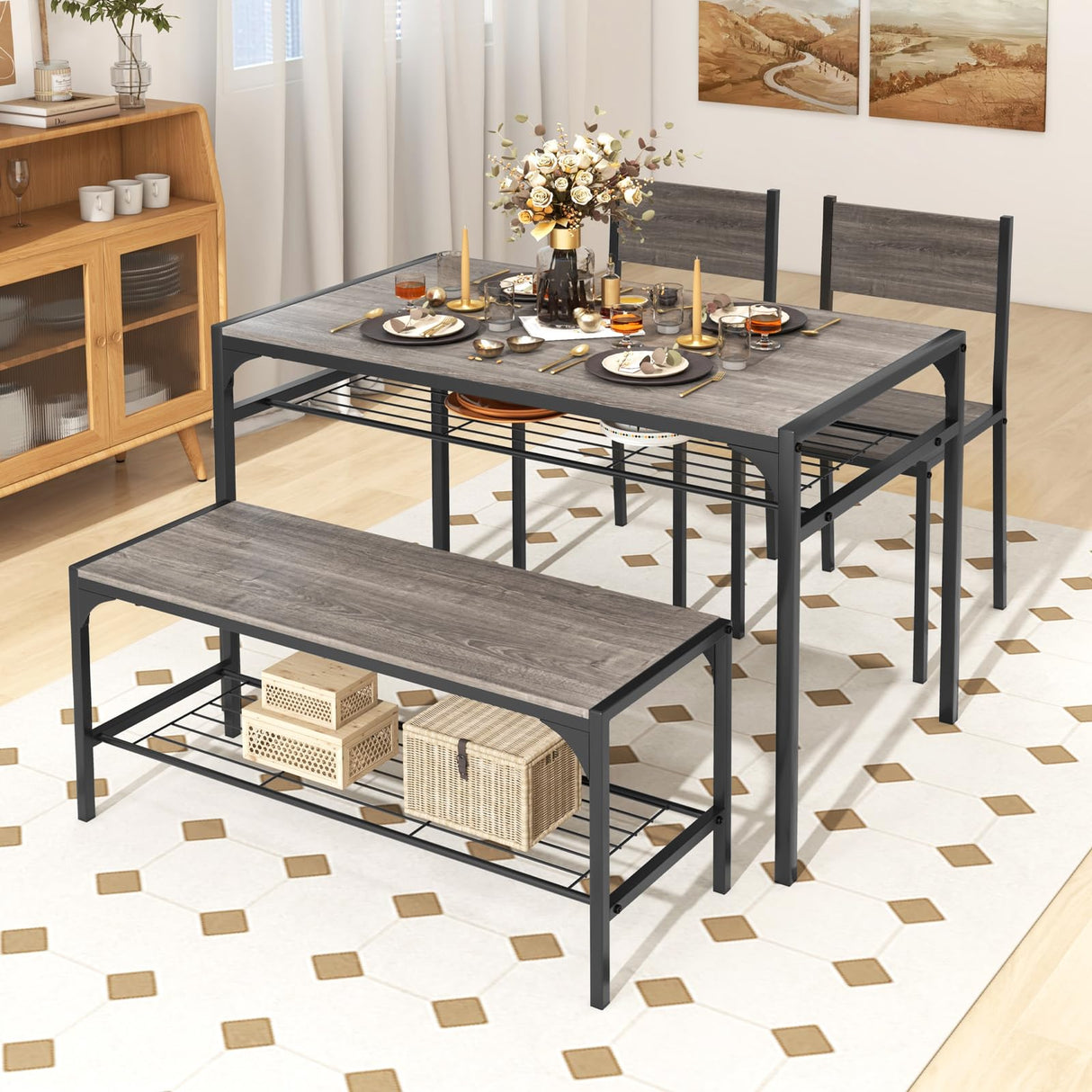COSTWAY 4 Pieces Dining Table Set, Kitchen Table and 2 Chairs for 4 with Bench, Storage Racks, Metal Frame & Space-saving Design, Industrial Kitchen Table Set for Small Space, Apartment (Black & Grey) COSTWAY