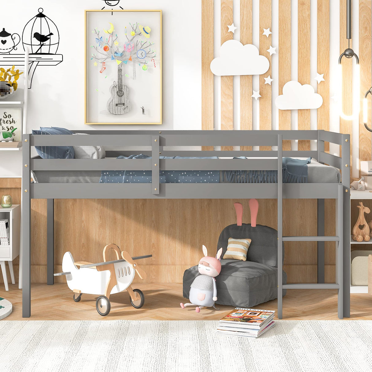 LoLado Twin Loft Bed - Grey Solid Wood Bed Frame with Guard Rails and Built-In Ladder for Kids LoLado