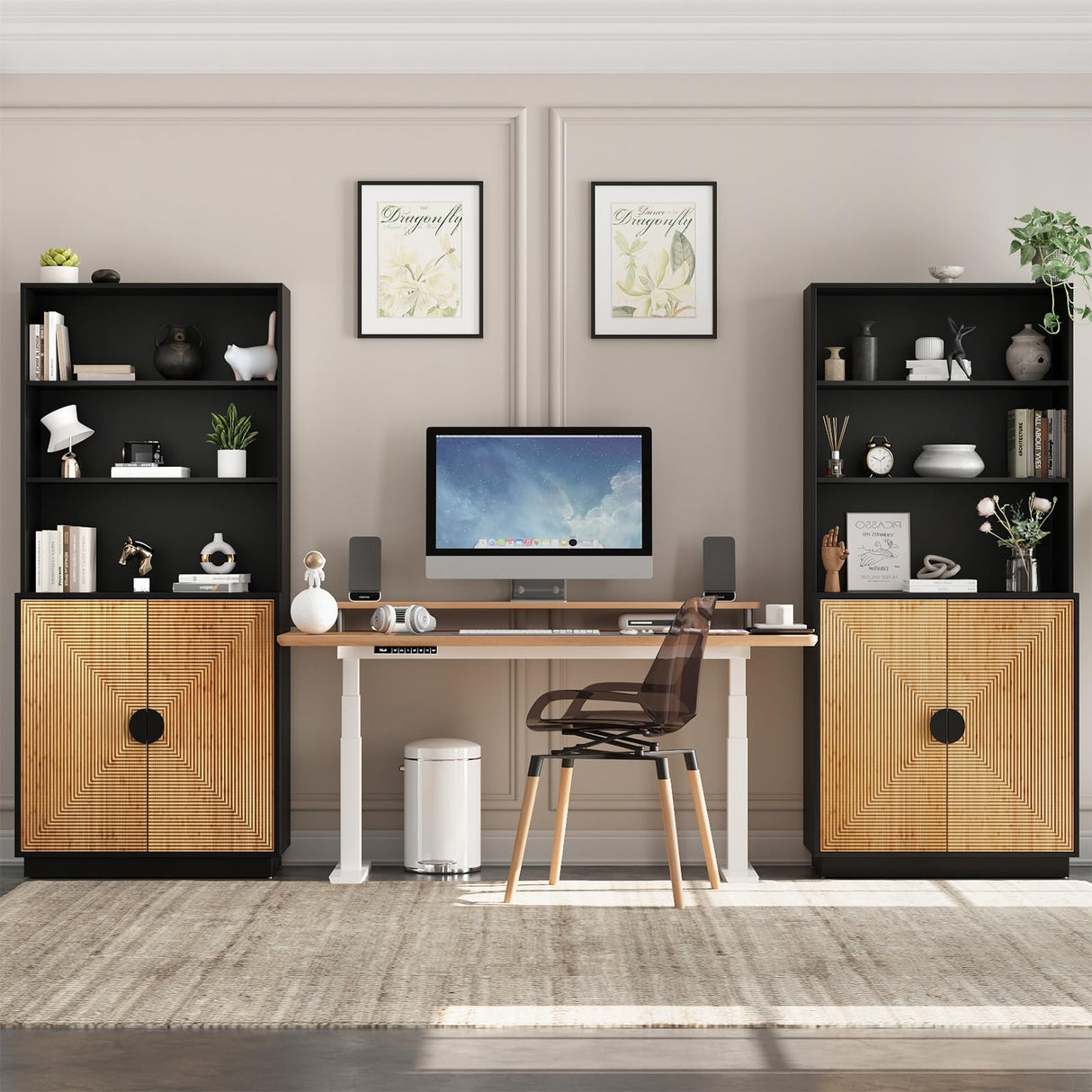 TUSY 4-Piece Large TV Stand with Bookshelves for TVs up to 75”, Wall Unit Entertainment Center with Doors, TV Cabinet for Living Room, Bedroom & Home Theater, Black TUSY