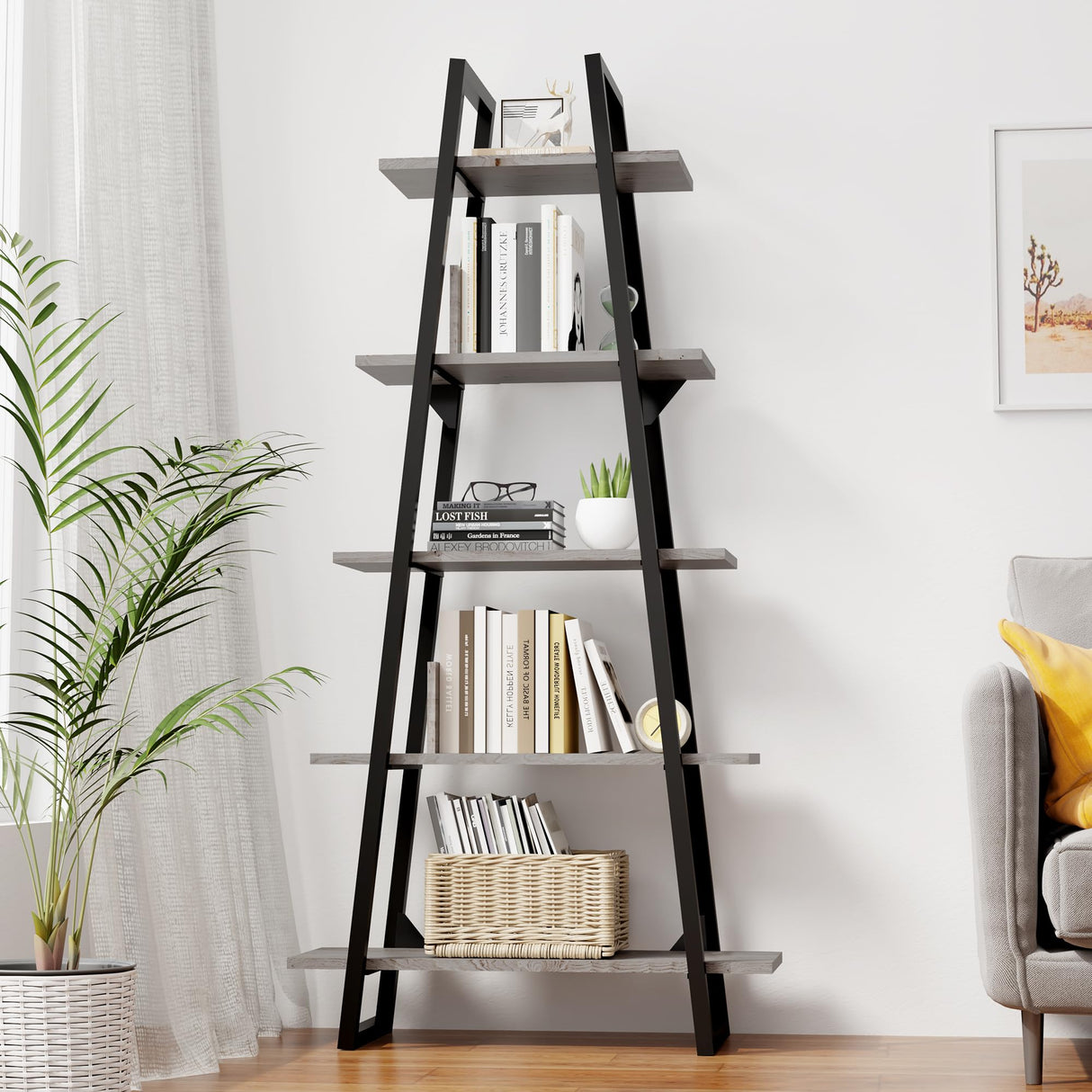 IDEALHOUSE 72" Book Shelf with Metal Frame, A-Shape Ladder Shelf with 5-Tier Wood Adjustable Shelves, Industrial Bookcase with Function Bezel for Home Living Room Bedroom Office Storage, Grey IDEALHOUSE