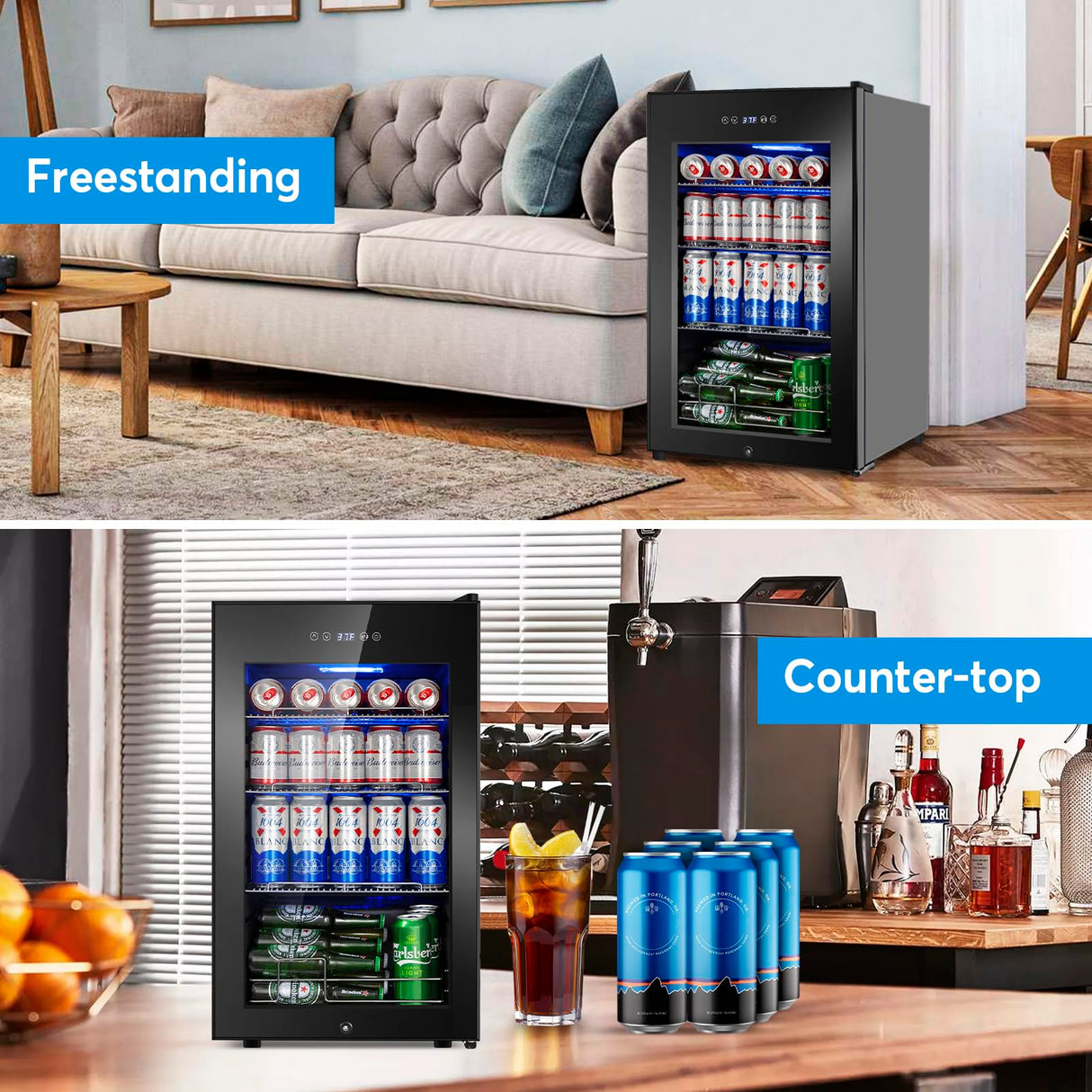 Beverage Refrigerator 17 inch Wide - 126 Can Beverage Cooler with Glass Door | Counter-Top/Freestanding Mini Beverage Beer Fridge | Temperature Memory | Invisible Door | Perfect for Soda, Beer FoMup