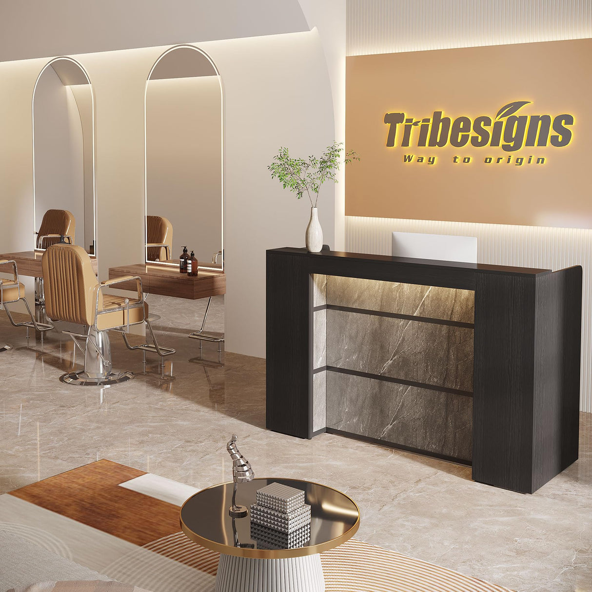 Tribesigns Reception Desk with LED Lights, 63 Inches Front Counter Desk for Checkout, Lobby, Salon, Retail, Modern Large Counter Table for Store Shop Clinic Office (Black&Gray) Tribesigns
