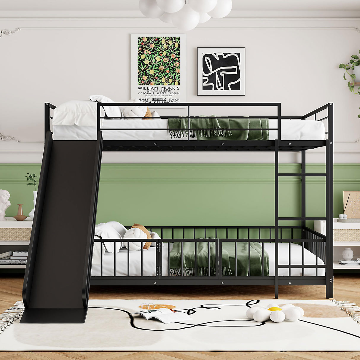 Bellemave Full Over Full Bunk Bed with Slide and Ladder, Metal Bunk Bed for Kids, Girls, Boys, Removable Fence, Low Bunk Bed with Slide, with Door, Black Bellemave