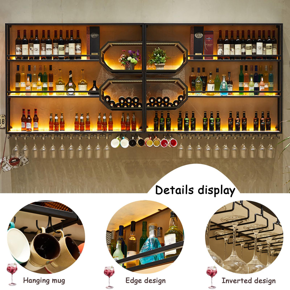 Dawselod 94.5in Large Wall Mounted Wine Rack,4-Tiers Liquor Bottles Floating Shelves Display Storage Organizer for Home Bar & Dining Room Decorative (94.5" W x 9.8" D x49.2 H) Dawselod