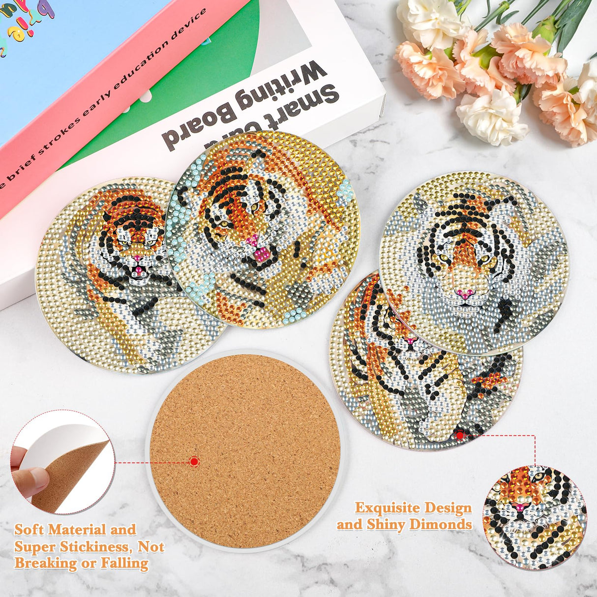GHHKUD 6pcs Tiger Diamond Painting Coasters, DIY Life Coasters Animals Diamond Art Kits for Adults Kids, Full Drill 5D with Holder Cork Pad for Home GHHKUD