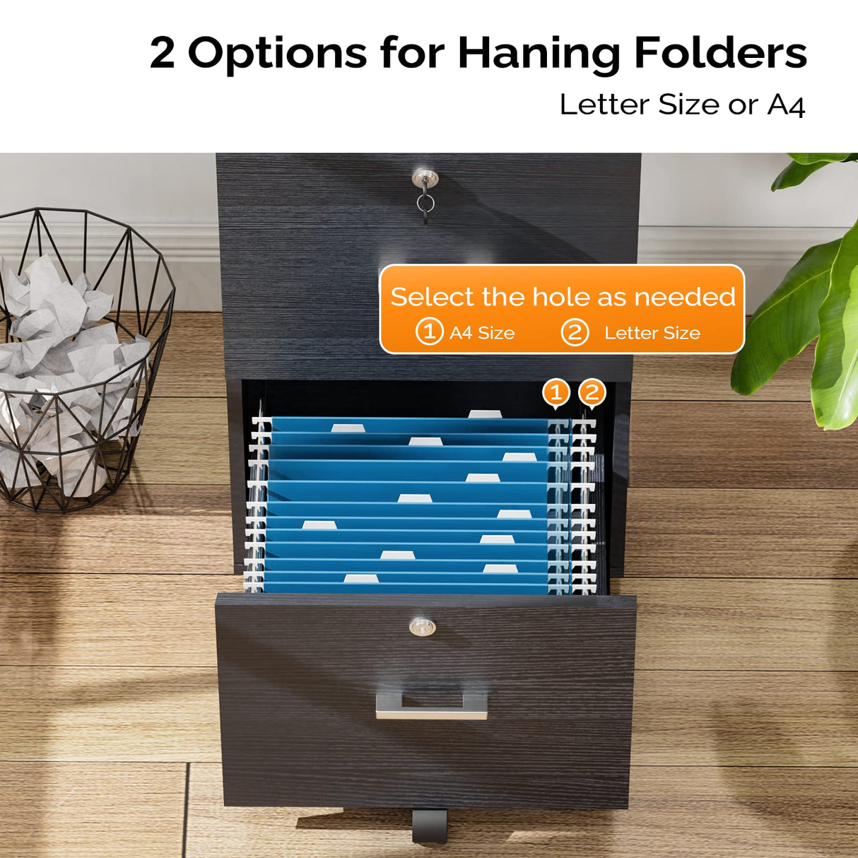 VINGLI 2-Drawer Small Rolling File Cabinet with Lock, Wood Filing Cabinet for Hanging Letter Size Filings with Tabs, Mobile Under Desk File Cabinet for Home Office, Classic Black, 27.2" H VINGLI