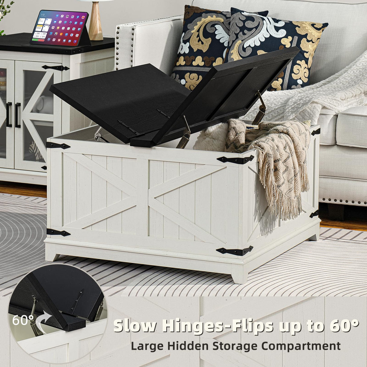 Joaxswe Farmhouse Coffee Table with Hidden Storage Compartment, Antique Black & White Square Large Center Table for Living Room, Wood Rustic Wide Coffee Tables with Hinged Lifting Tabletop for Home Joaxswe