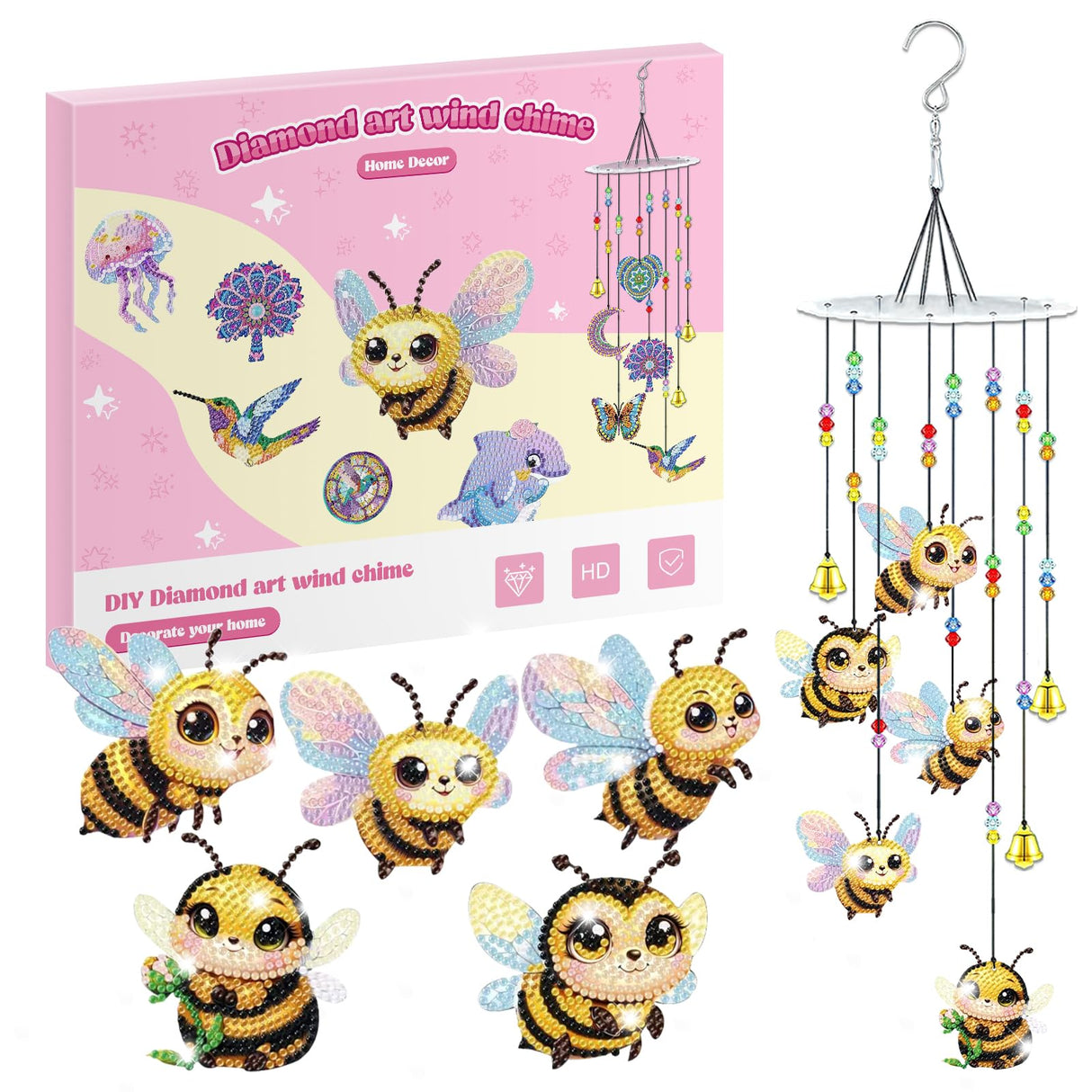 Bowetile 5D Diamond Art Kits for Adults, Bee Diamond Art Wind Chimes, Diamond Painting DIY Wind Chime Kit, Diamond Painting Wind Chimes Suncatchers, Art Kits for Adults Teens Garden Home Decor Bowetile
