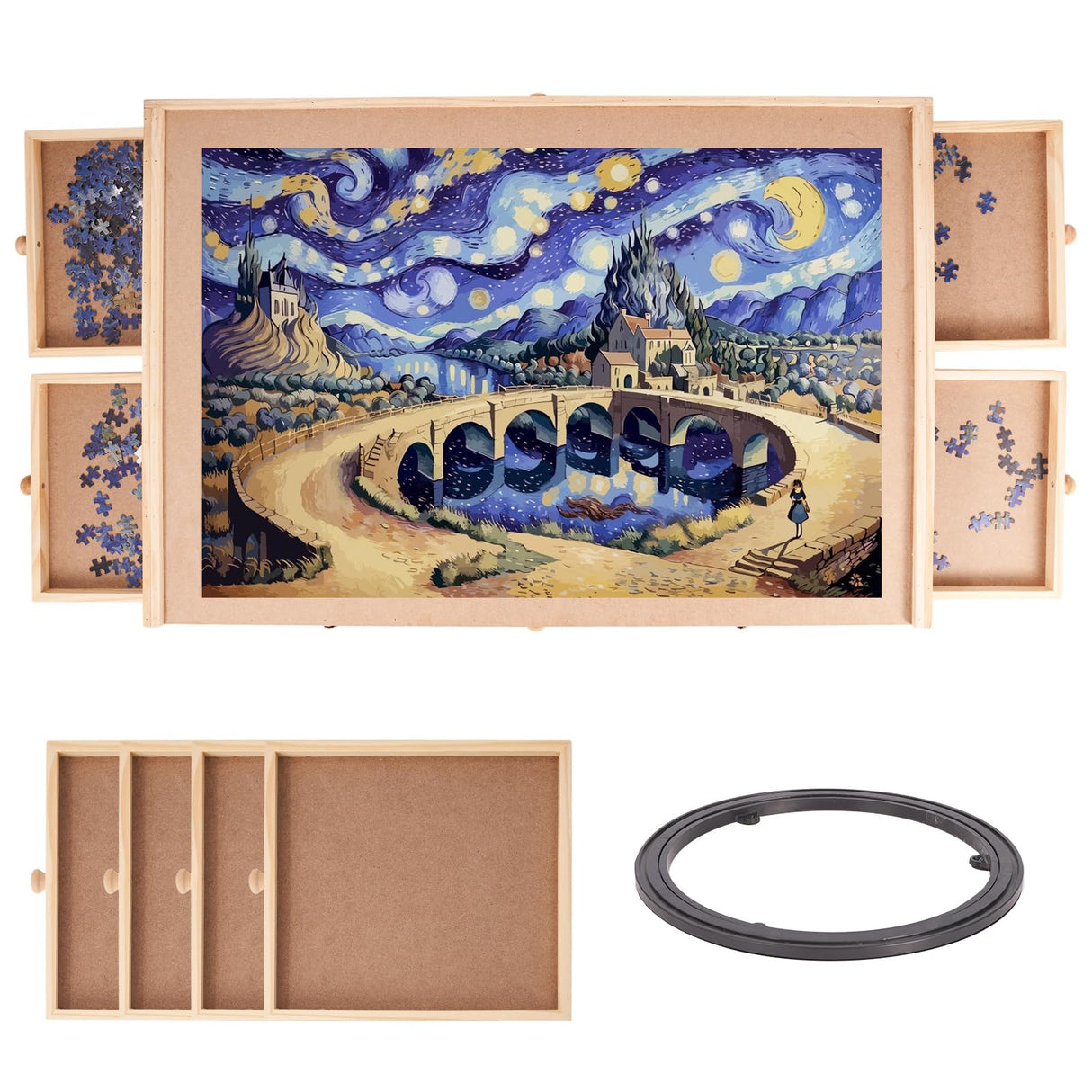 Miereirl 1500 Pieces Wooden Puzzle Table with 6 Drawers and Cover, Adult Portable Puzzle Board 35.43” x 23.43” Rotating Wooden Jigsaw Puzzle Plateau Used for Puzzle Storage and Sorting Miereirl