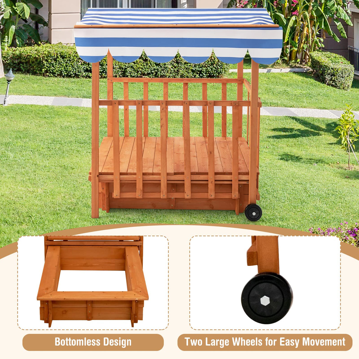INFANS 3 in 1 Kids Sandbox with Canopy and Cover Rear Wheels Guardrails, Wooden Cedar Cabana Sandbox Playhouse for Outdoor Beach Backyard Lawn Garden Play Home Children Playset Sandpit INFANS