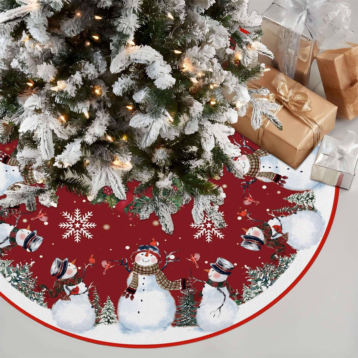 EKOREST Snowman Christmas Tree Skirt 48 Inches, Red Backgrond Snowflake Pencil Tree Skirt, Winter Xmas Tree Mat Decorations for Home Party Holiday Decorations EKOREST