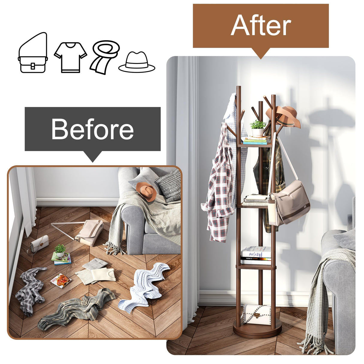 FILWH Bamboo Coat Rack Rotary Freestanding with Shelf Coat Tree Rack Stand for Hallway Entryway Coat Hanger Stand with 9 Hooks 3 Storage Shelves(Brown) FILWH