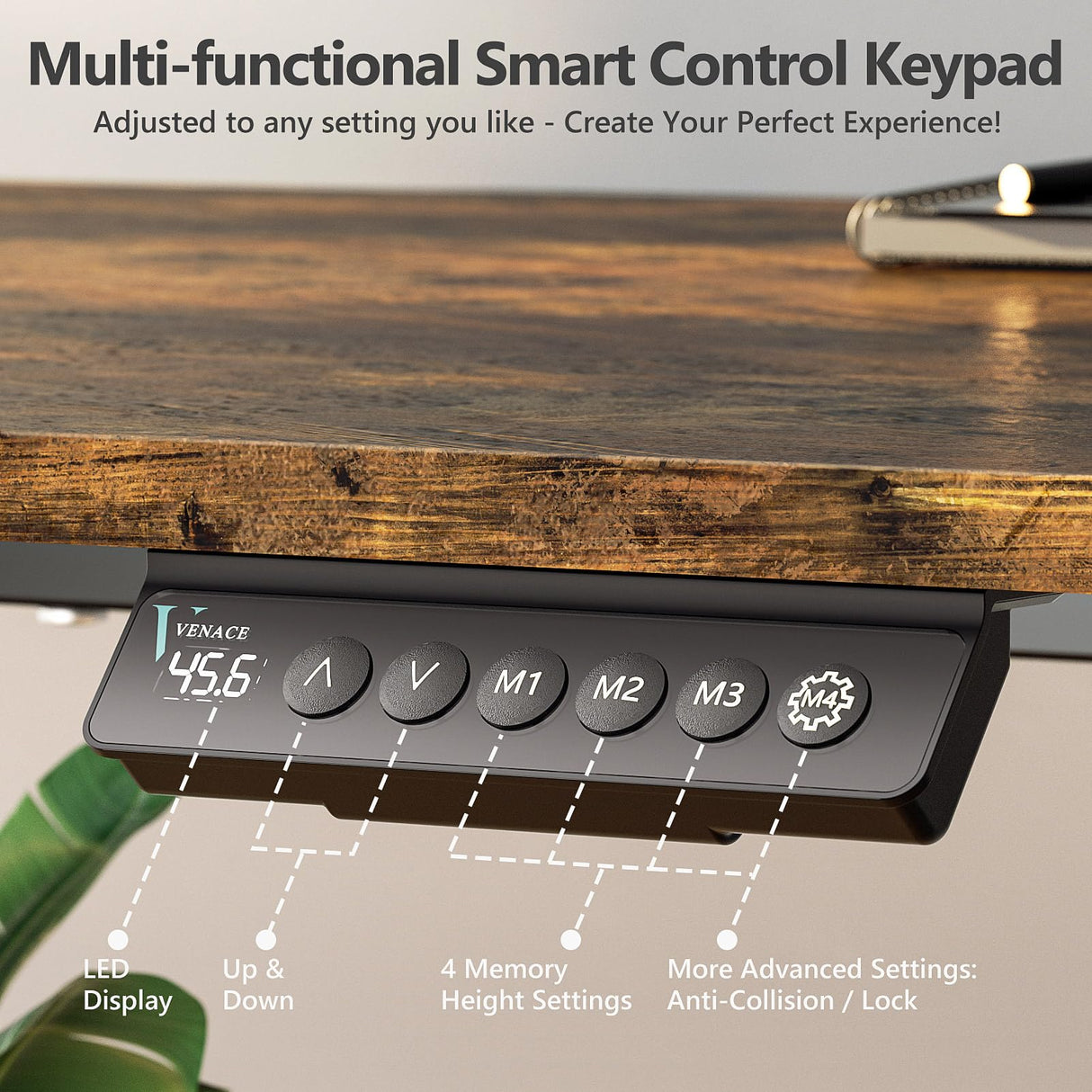 VVENACE 63 x 28 Electric Standing Desk Adjustable Height 4 Memory Preset, 4 Wheels, 2 Headphone Hook, Home Office Desk, Stand Up Sit Stand Desk Computer Table, Splice Board Rustic Brown VVENACE