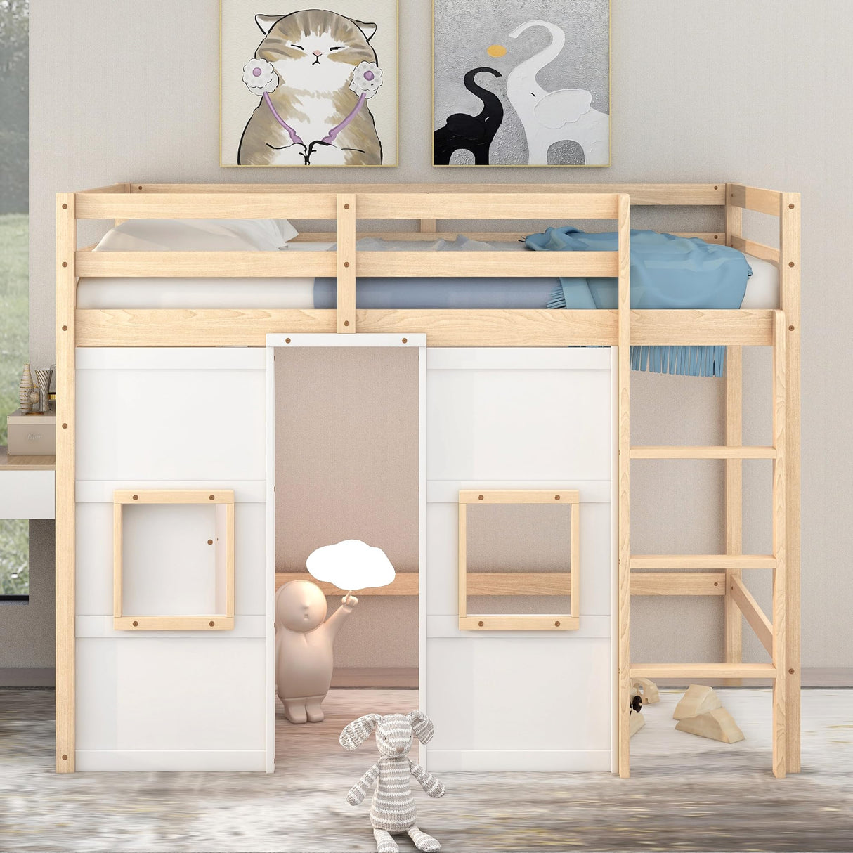 Harper & Bright Designs Twin Loft Bed with Storage Wardrobe, Playhouse Style and Guardrail - Natural & White Harper & Bright Designs