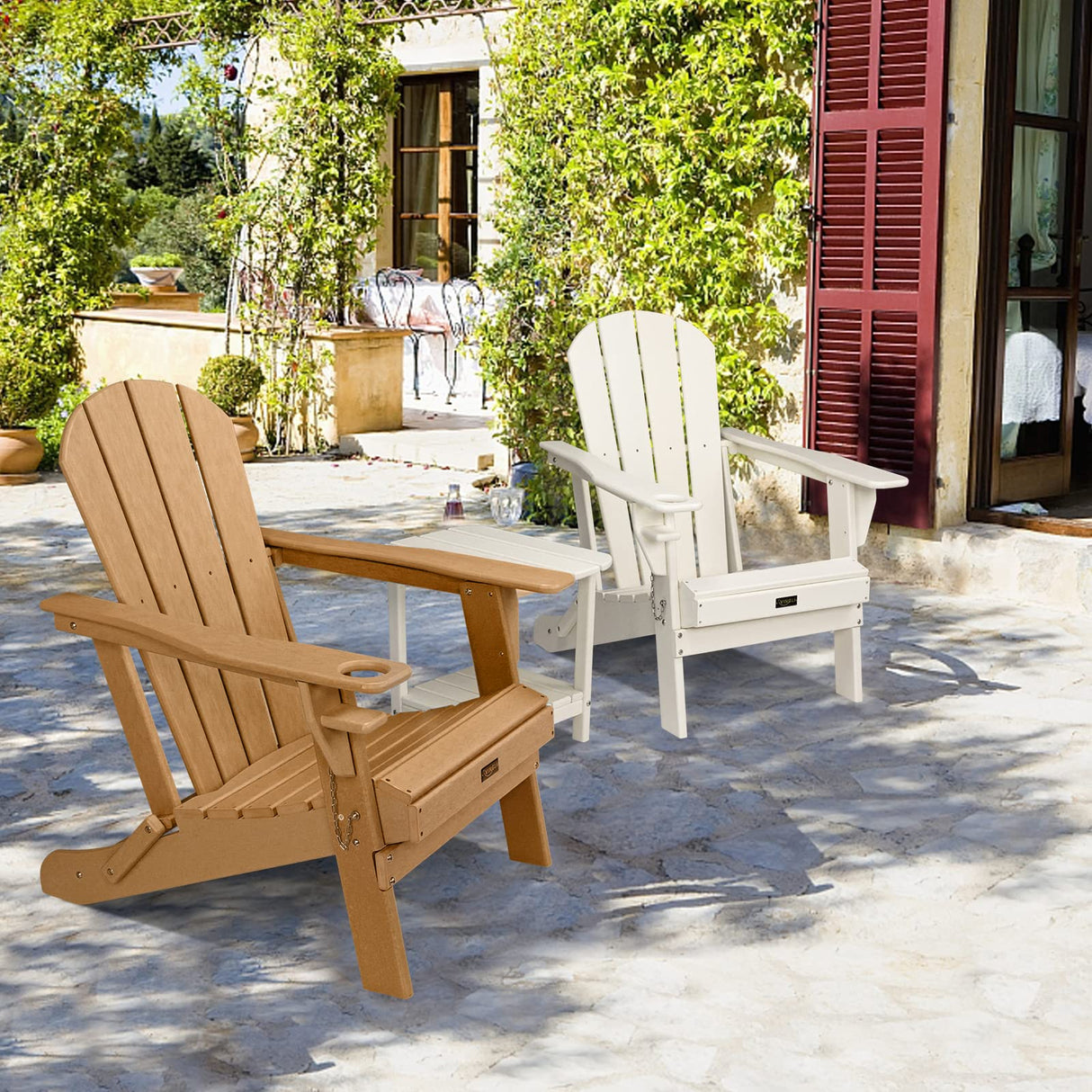 VINGLI Plastic Adirondack Chairs Set of 2, Folding with Cup Holder, Waterproof HDPE Material, Comfortable 380lb Weight Capacity for Outdoor Pool Patio Lounge Chair Lawn Furniture Firepit (Teak) VINGLI