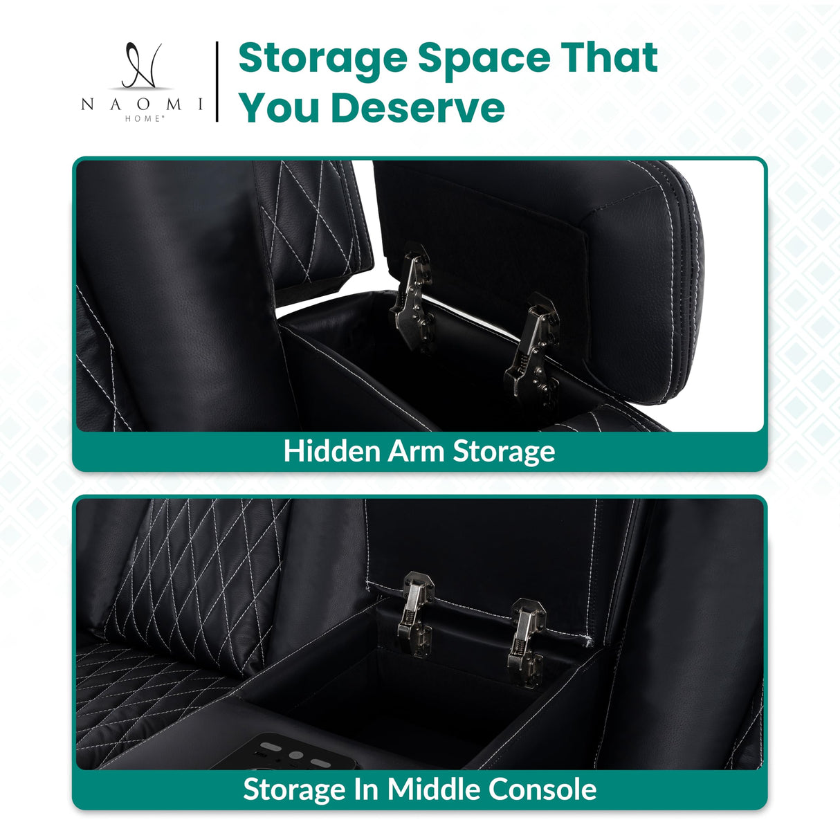 Home Theater Seating, Gaming Chairs for Adults, Wireless Charging Movie Theater Chairs, Power Recline Loveseat with 6 Cup Holders and Tray, Powerful in-Built Speaker, USB Ports, Air Leather – Black Naomi Home