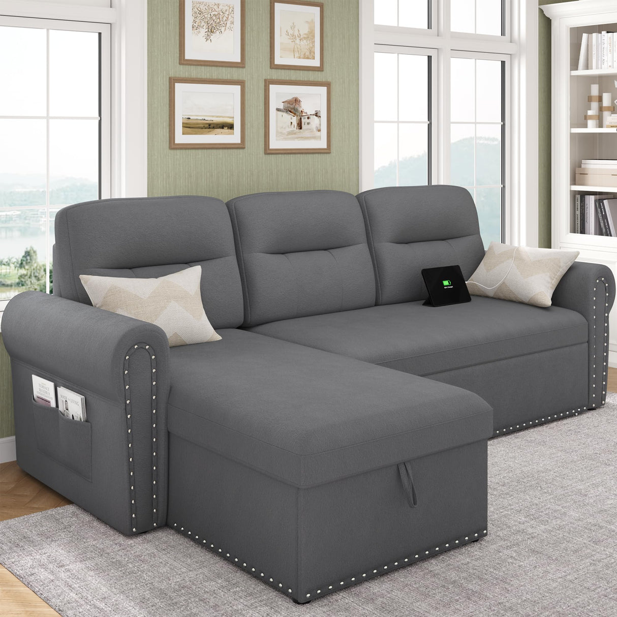 Sleeper Sofa Bed, 87'' Sectional Couch with Reversible Storage Chaise & Nailhead Armrest, Pull Out Couches for Living Room, Side Pocket & Charging Station, Removable Backrest, Velvet Fabric, Dark Grey Keyluv