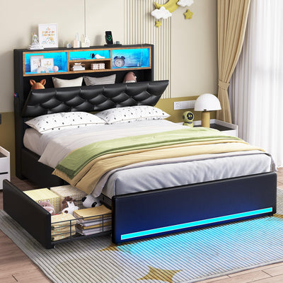 HAUOMS Twin Bed Frame with 3-Tier Headboard & Hidden Storage, Upholstered LED Bed Frame with 4 Drawers and Charging Station,Platform Metal Bed Frame with Storage, No Box Spring Needed, PU Black