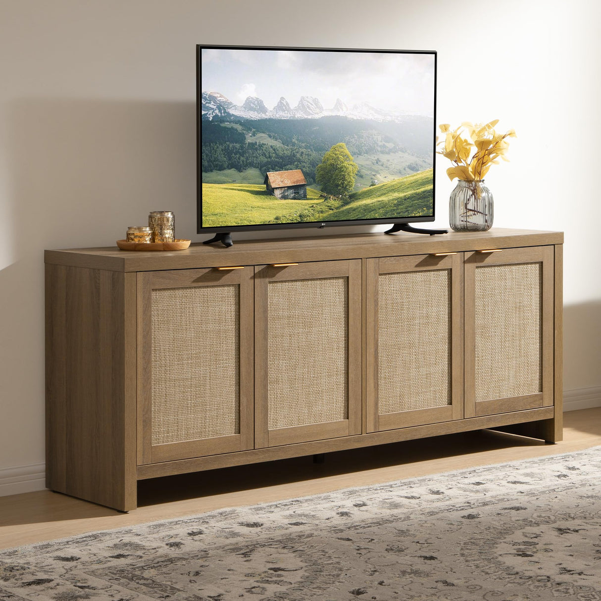 SICOTAS TV Stand for Living Room Rattan Entertainment Center for Bedroom with 4 Rattan Cabinets Farmhouse Television Stands with Storage Large Media Console Table for TVs up to 50 55 60 65 Inch SICOTAS