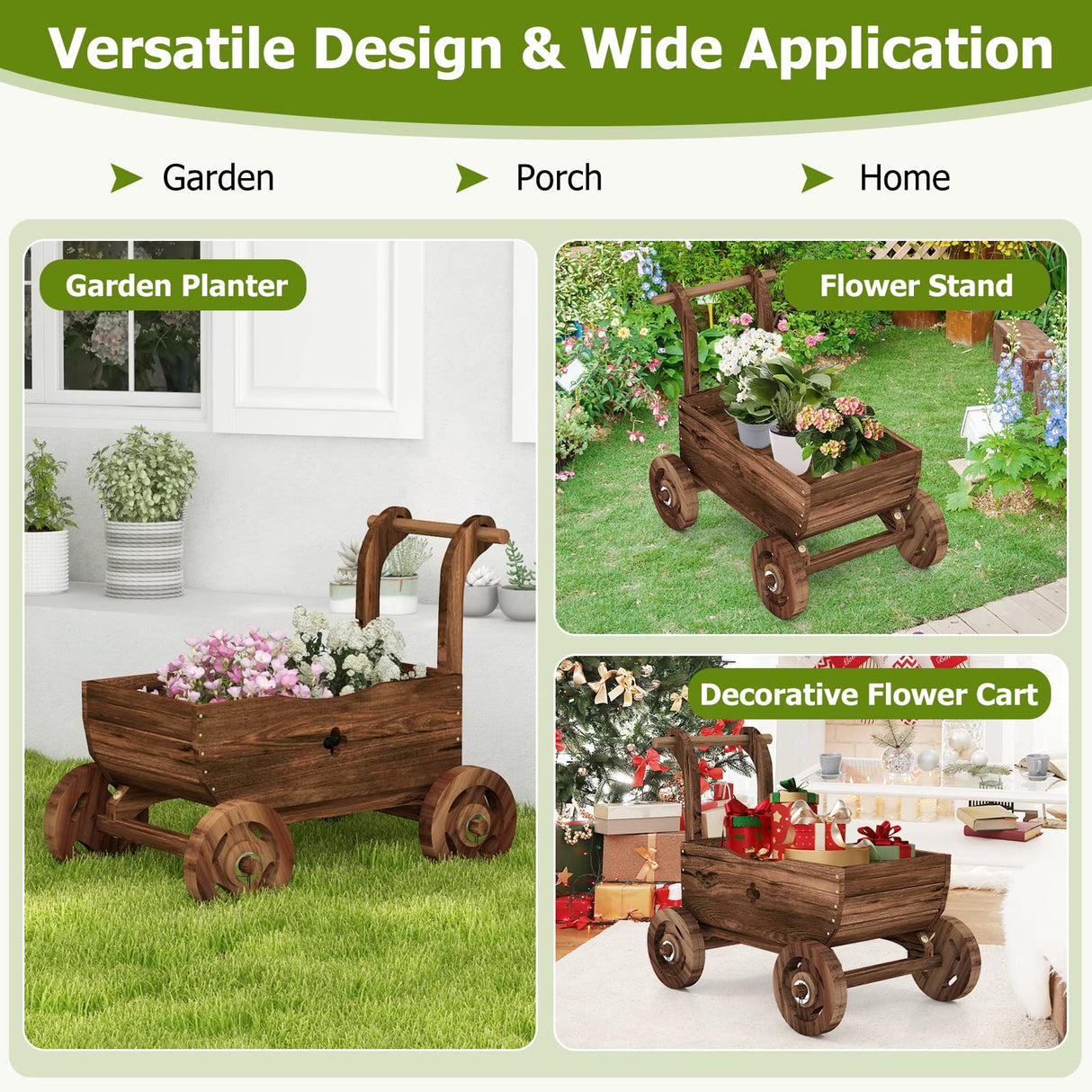 S AFSTAR Wooden Wagon Planter Box, Mobile Garden Planter with 4 Wheels, Handle, Drain Hole, Decorative Flower Planter for Indoor & Outdoor Decor, Wooden Flower Cart for Patio, Garden, Balcony, Brown S AFSTAR