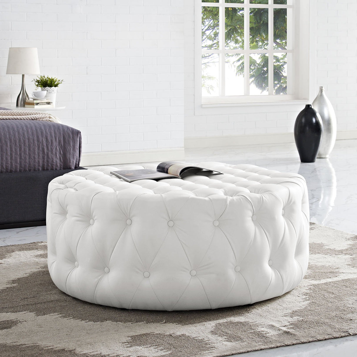 Modway Amour Faux Leather Button-Tufted Round Ottoman in White Modway