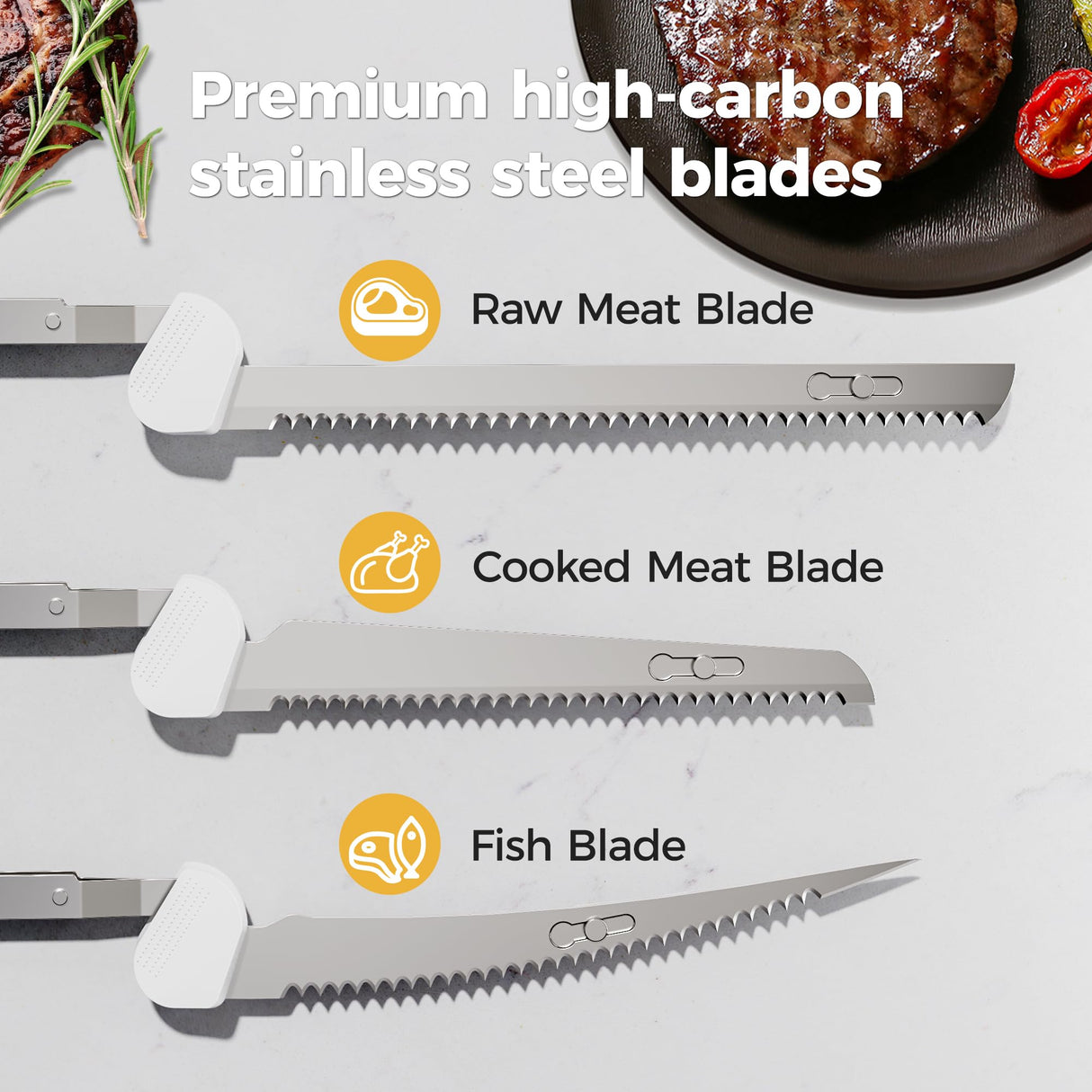HBN Electric Knife Serrated Edge Blade Knife Set for Carving Meat, Bread, Turkey, Ribs, Fillet and Cheese, Ergonomic Handle + 3 Blades for Raw & Cooked Food (Wood Grain Finish) HBN