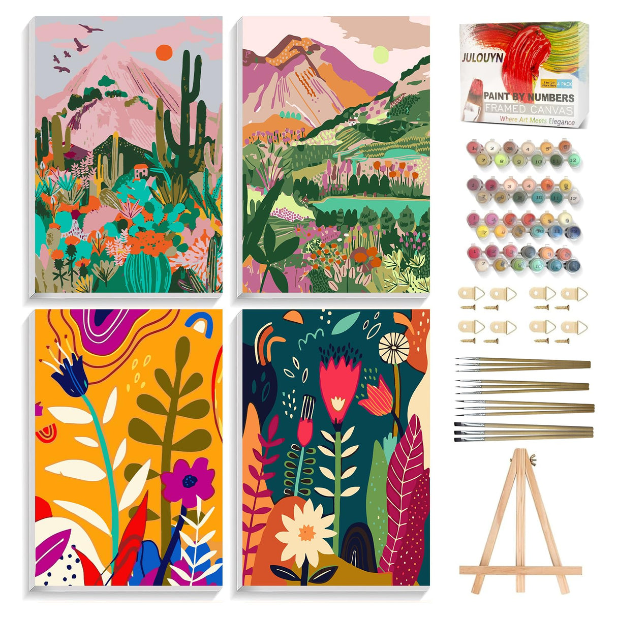 JULOUYN 4 Pack Paint by Numbers Kit for Adults with Framed, Landscape Easy Flowers Paint by Number Kits On Canvas with Wooden Easel, Painting by Numbers for Beginner Gift Home Decor 8x12 in JULOUYN