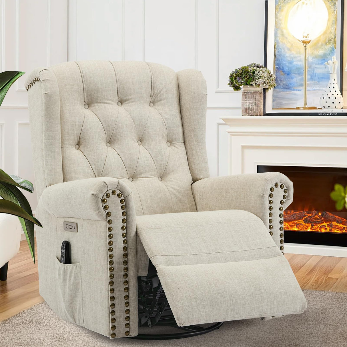 VIVIJASON Power Swivel Rocking Recliner Chair with Massage & Heat, Electric Rocker Nursery Glider Chair, Wingback Tufted Upholstered Recliner W/Type-C & USB Ports for Living Room, Bedroom, Beige VIVIJASON