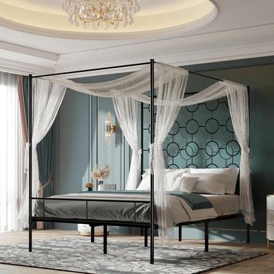 PAUKIN Black Metal Canopy Bed Frame Queen/Mattress Foundation with Steel Slat Support/No Box Spring Needed/Easy Assembly (Black, Queen)